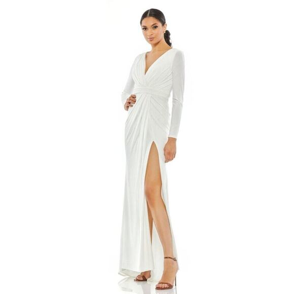 FLAWED - NWT Mac Duggal V-Neck Long Sleeve High Slit Gown White 10 #7939 - Picture 1 of 13